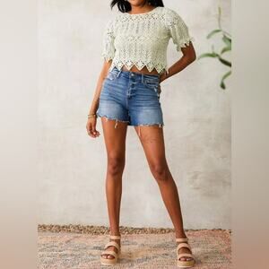 WILLOW + ROOT Cotton Crochet Lace Boho Top | Size L | Sage Green | Cottagecore